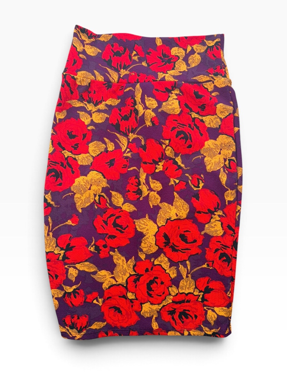 LuLaRoe Purple Pencil Skirt with Red and Gold Floral Print